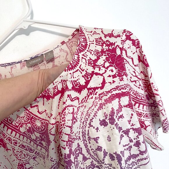 CHICO'S 2 White Pink Purple Blue Ombre Gradient Boho Printed Cotton Tee T-Shirt - Picture 6 of 12